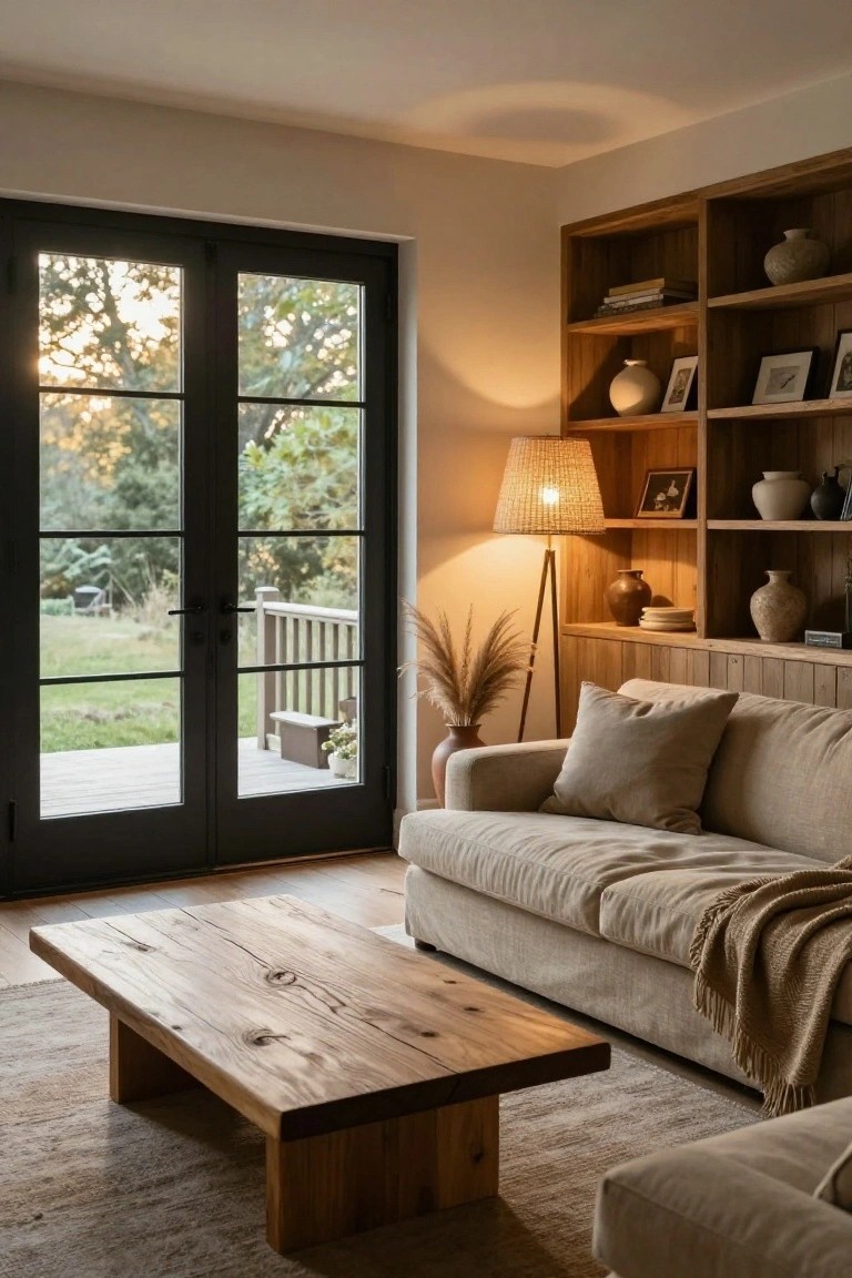 Living room with light walls, wooden built-in bookshelves holding books pottery and frames, beige sofa with pillows and throw, low rectangular wooden coffee table on neutral rug, rattan-shade tripod lamp, pampas grass plant, and large black-framed glass doors showing deck trees and field.
