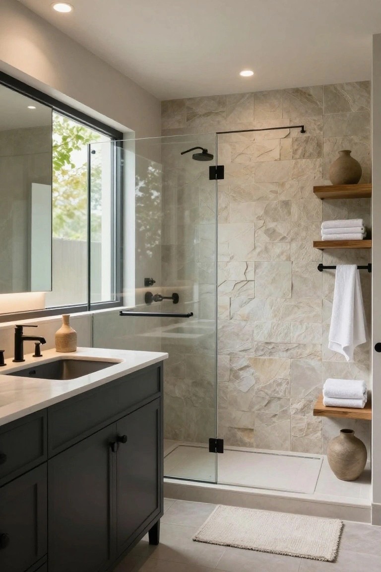 Bathroom interior with dark wood vanity and undermount sink on white quartz countertop, frameless glass shower enclosure with light beige stone tile walls, floating wood shelves holding folded white towels, black fixtures, potted ceramics, and a large window with greenery view.