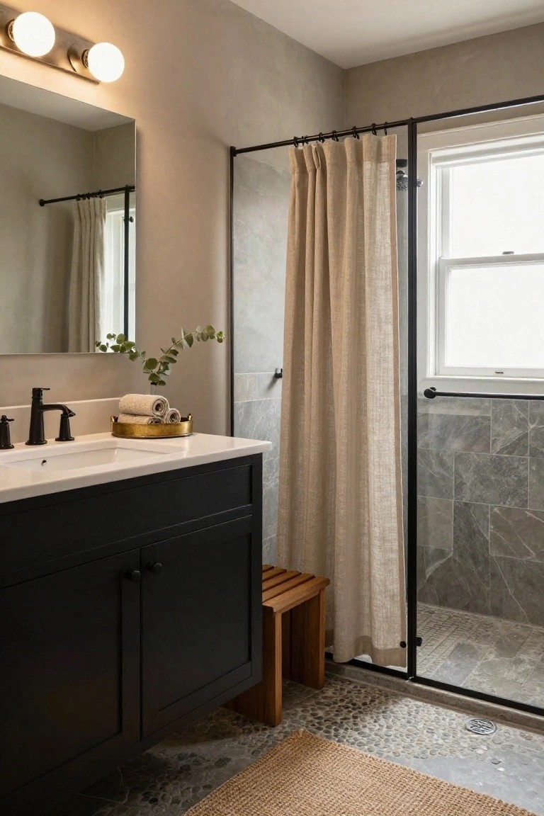 Bathroom with black lower cabinets and white quartz vanity top, matte black faucet, gold tray of rolled towels and eucalyptus on counter, linen shower curtain on black metal frame enclosing glass shower with gray tile walls and pebble floor, wooden stool beside shower, beige walls, and seagrass rug.