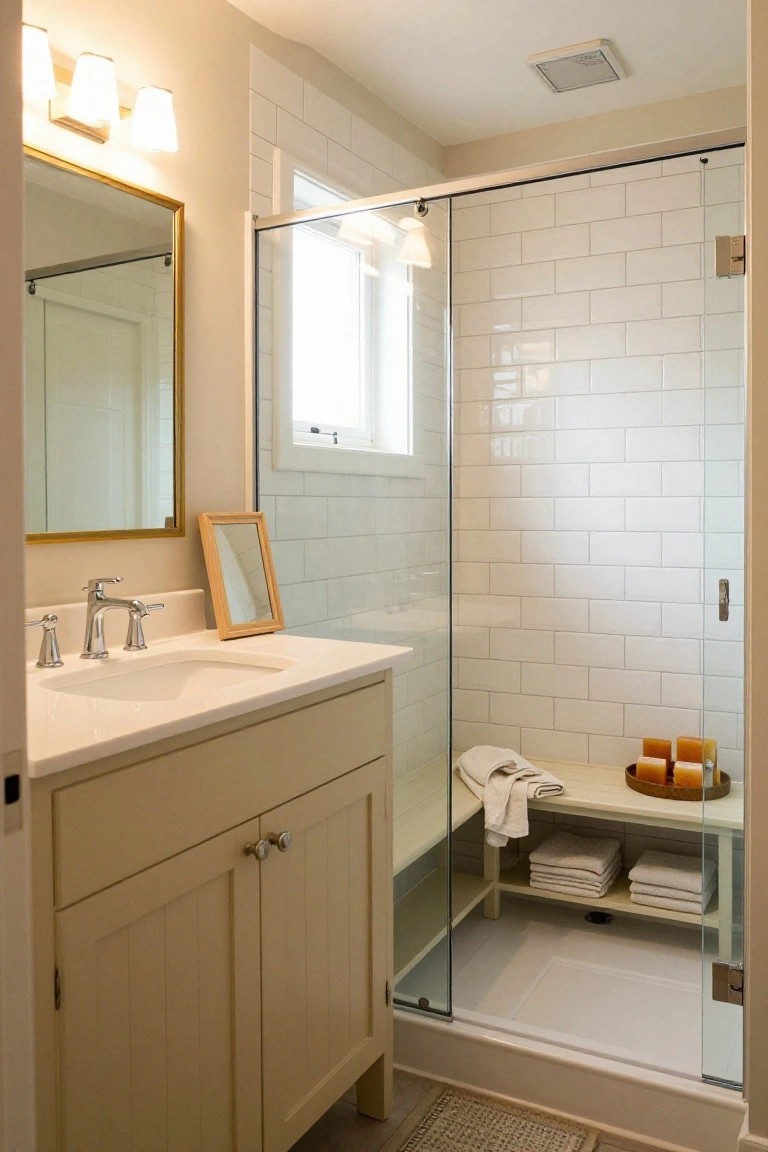 Compact bathroom with beige shaker-style vanity, gold-framed mirror, white subway tile shower enclosure with built-in wooden bench, towels, and soap dishes.