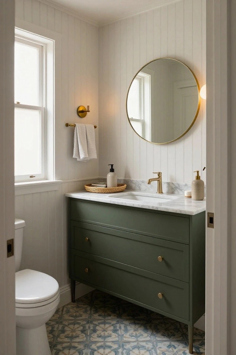 Small bathroom with white shiplap walls, deep green wooden vanity with marble countertop and gold hardware, gold round mirror, gold faucet, white toilet, and blue patterned floor tiles.