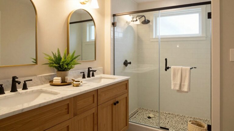 A bright bathroom with a floating wooden vanity topped by white marble double sinks, open shelves holding white towels and a basket, two arched gold mirrors above, potted plants, black fixtures, and a glass shower enclosure with pebble floor.