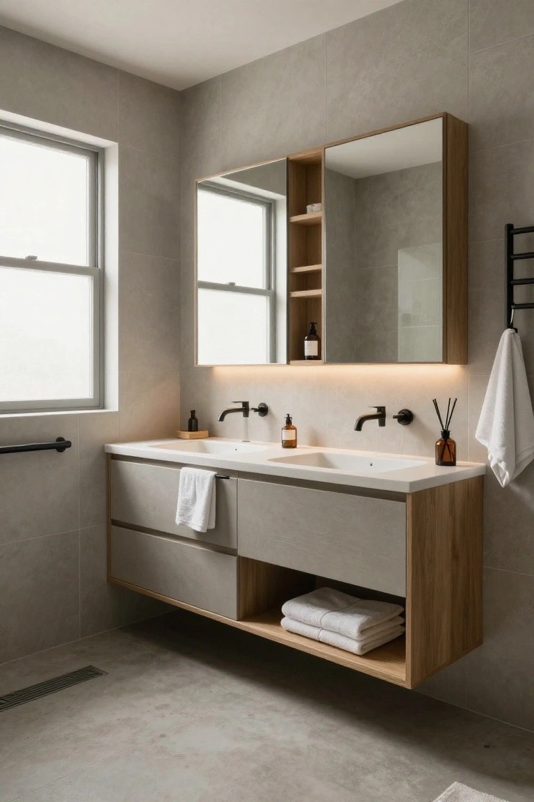 Bathroom with floating double vanity featuring oak wood accents and open lower shelf holding white towels, matte gray cabinets and walls, white sinks, black faucets, large mirror cabinet with lighting, and gray tile floor.