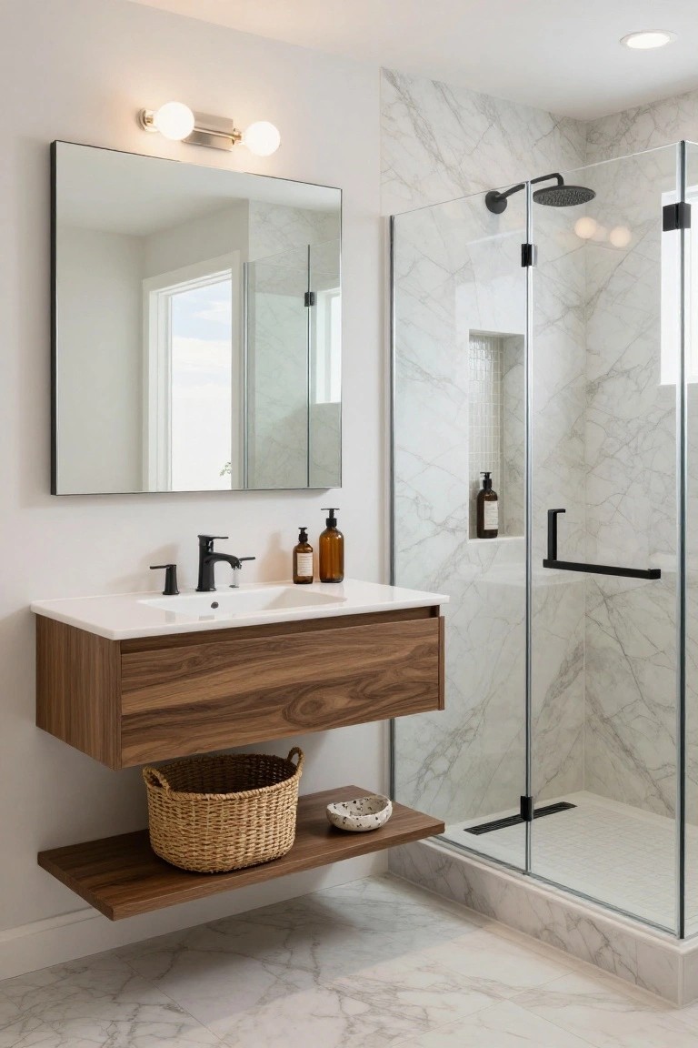 Modern bathroom with floating walnut wood vanity and shelf, white marble tile walls and floor, glass shower enclosure with black hardware, and wall-mounted mirror.