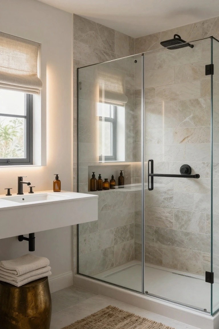A bathroom with light beige veined stone tile walls and shower enclosure, matte black fixtures including showerhead and faucet, white floating vanity, amber glass bottles in a niche, linen window shade, and stacked white towels on a brass stool.