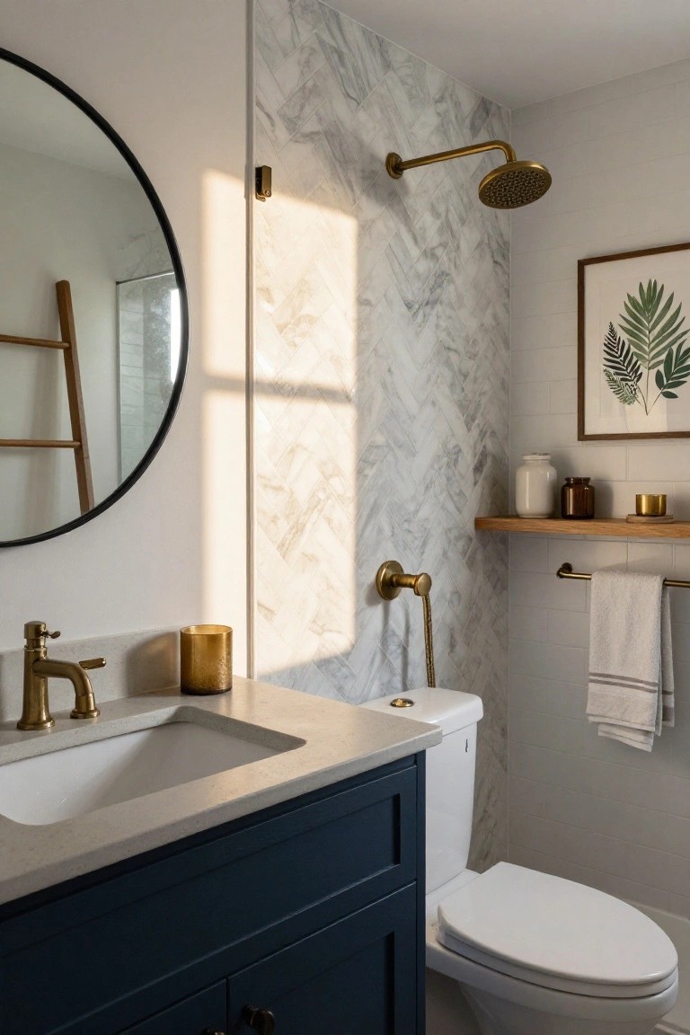 Small modern bathroom with navy blue lower cabinetry under a white quartz countertop and undermount sink, brass faucet and showerhead, herringbone marble tile shower wall, round black mirror, wooden ladder, white toilet, and floating oak shelf with decor.