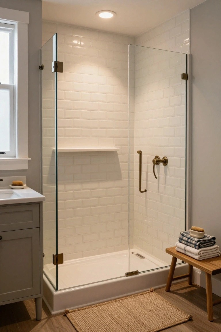 A bathroom with a frameless glass shower enclosure featuring white subway tile walls, brass grab bar and fixtures, a gray shaker-style vanity, wooden bench holding folded towels and a soap dish, and a seagrass rug on wood flooring.