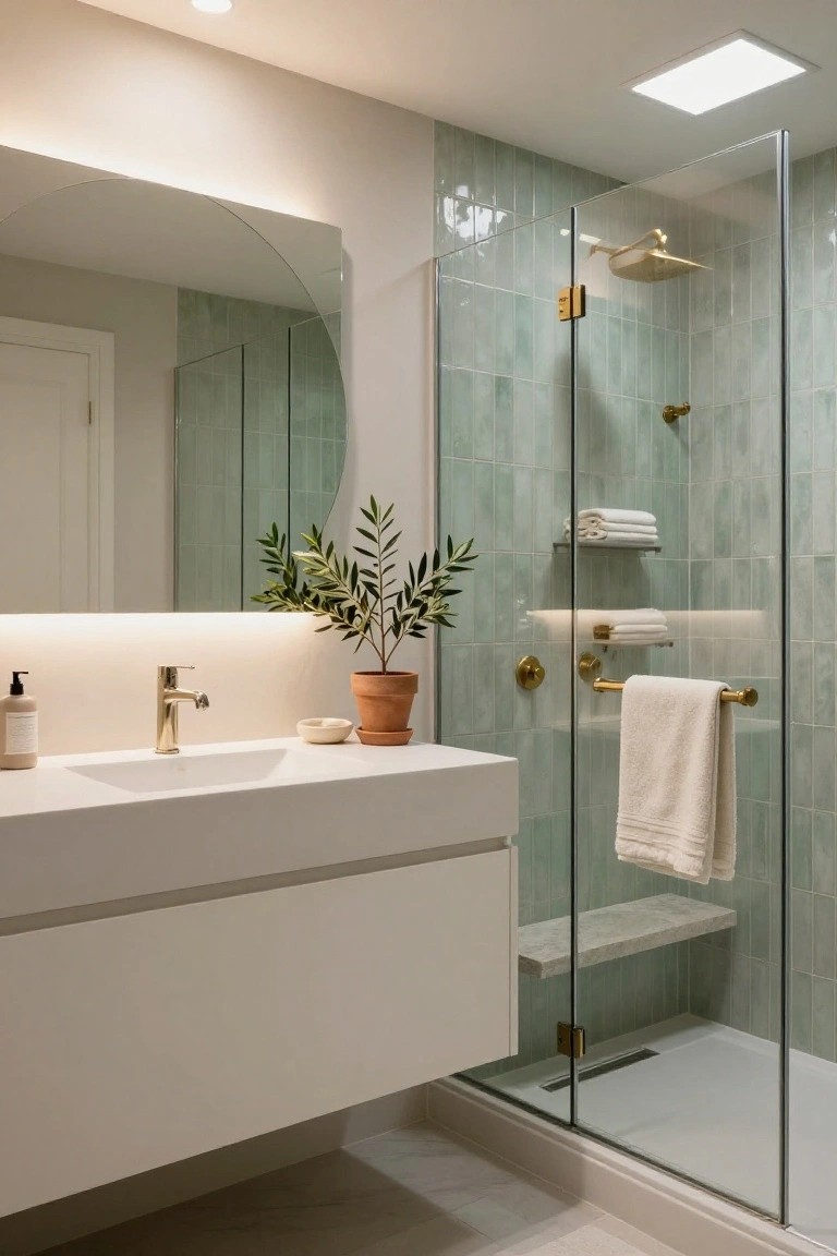 Modern bathroom with white floating vanity, curved backlit mirror, potted olive plant, and glass shower enclosure with pale green subway tiles, gold hardware, towels on shelves, and built-in bench.