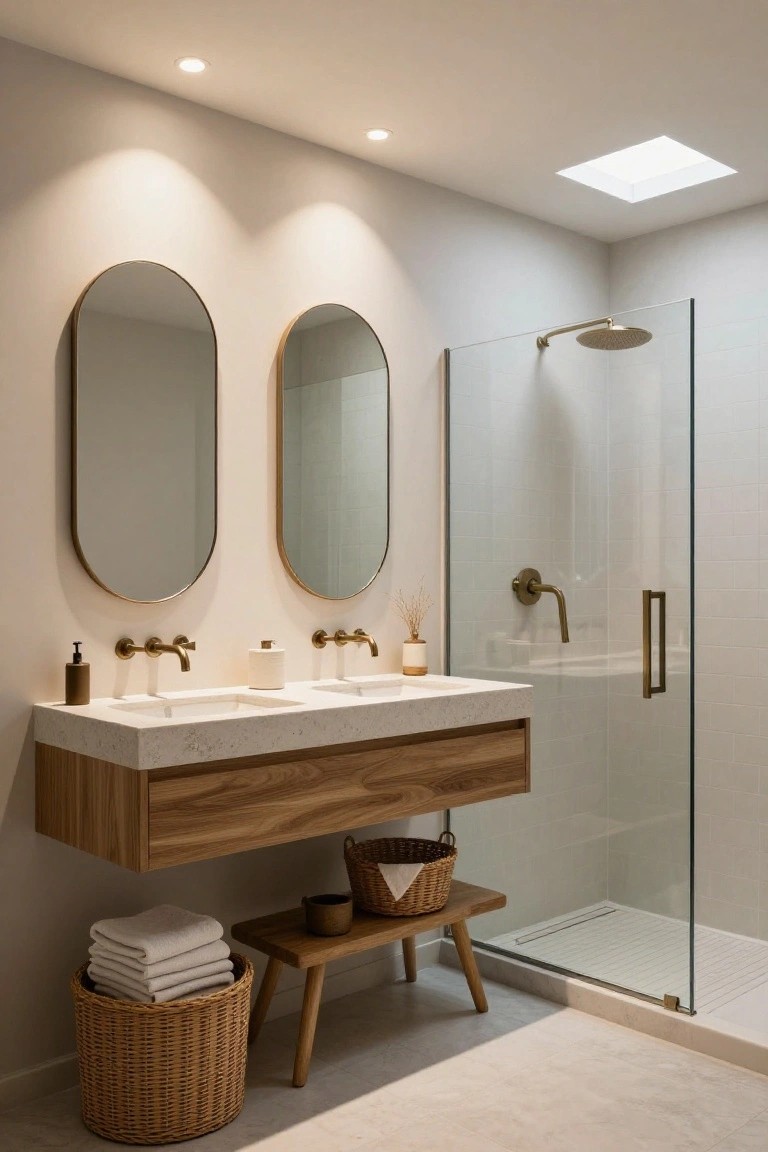 Contemporary bathroom with floating wooden vanity topped in white quartz, two integrated sinks with brass faucets, paired oval brass mirrors, glass shower enclosure with brass hardware, woven towel baskets, wooden stool, and light flooring under soft lighting.