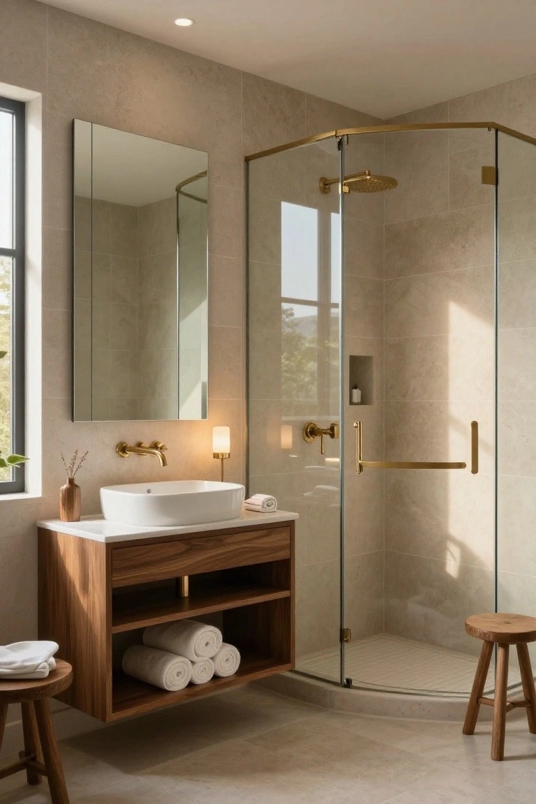 Warm Wood Touches in Neutral Bathrooms