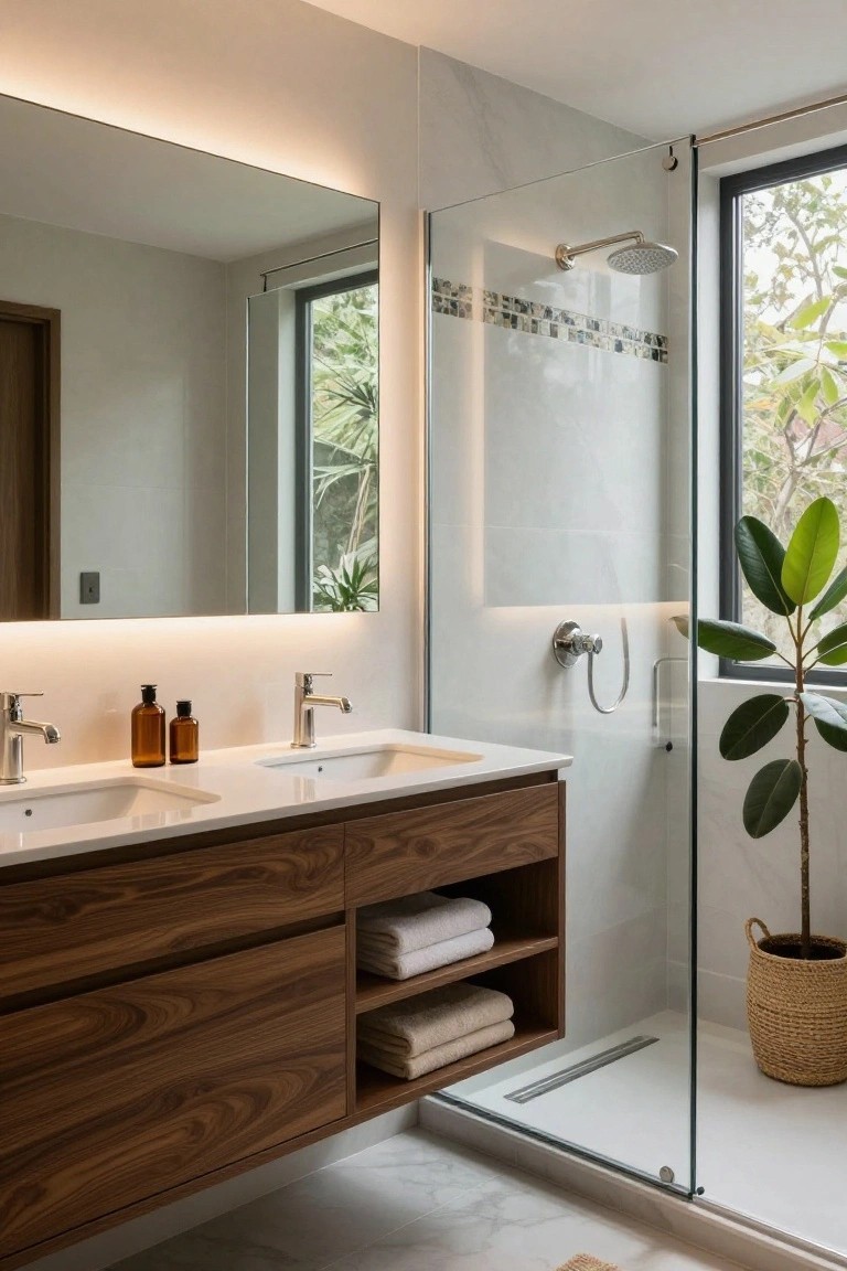 Modern bathroom featuring a floating double walnut wood vanity with open shelving for towels, white marble sinks, chrome faucets, glass shower enclosure with niche tiles, large mirror with LED lighting, and a potted plant near a window.