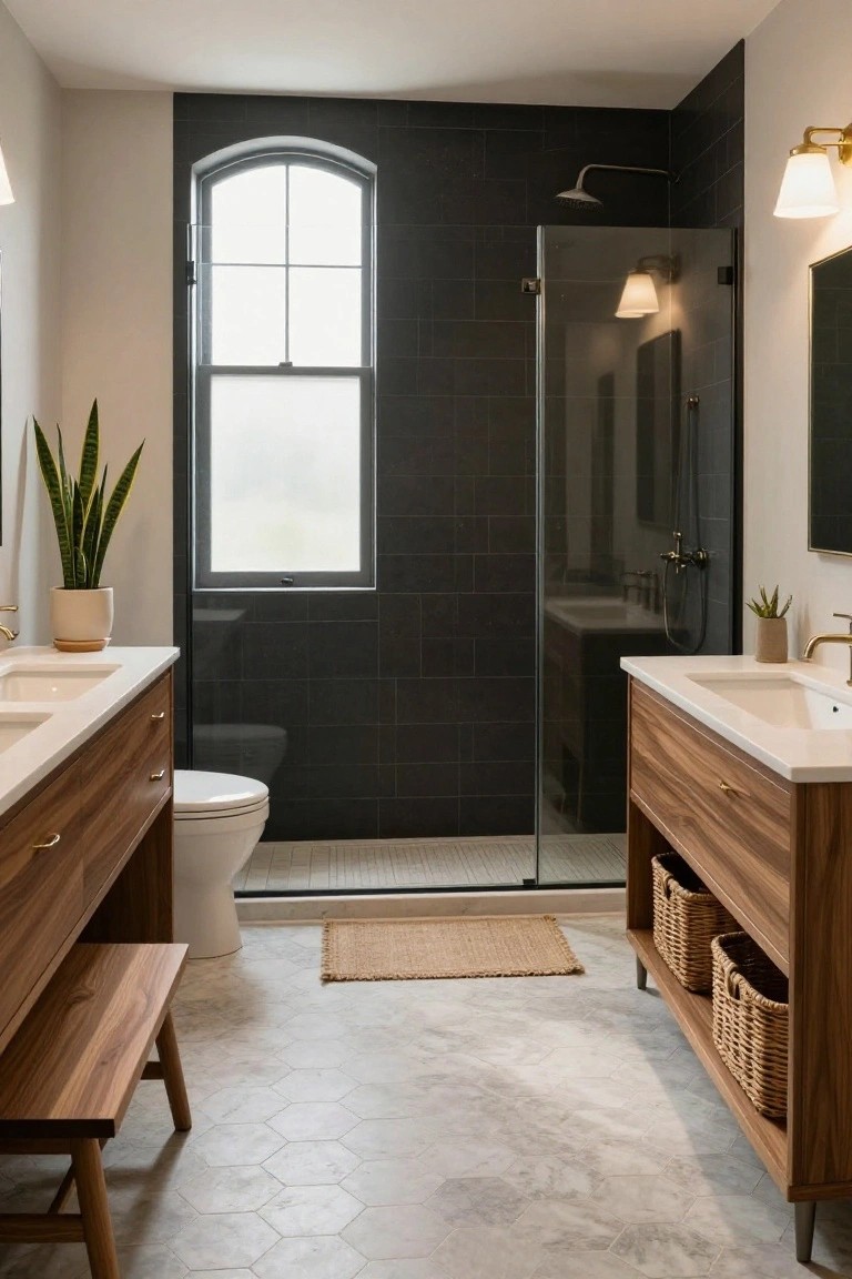 Bathroom interior with double walnut vanities on white quartz counters, glass shower enclosure backed by dark subway tiles, white toilet, potted snake plants, wood bench, and light gray hexagonal floor tiles.