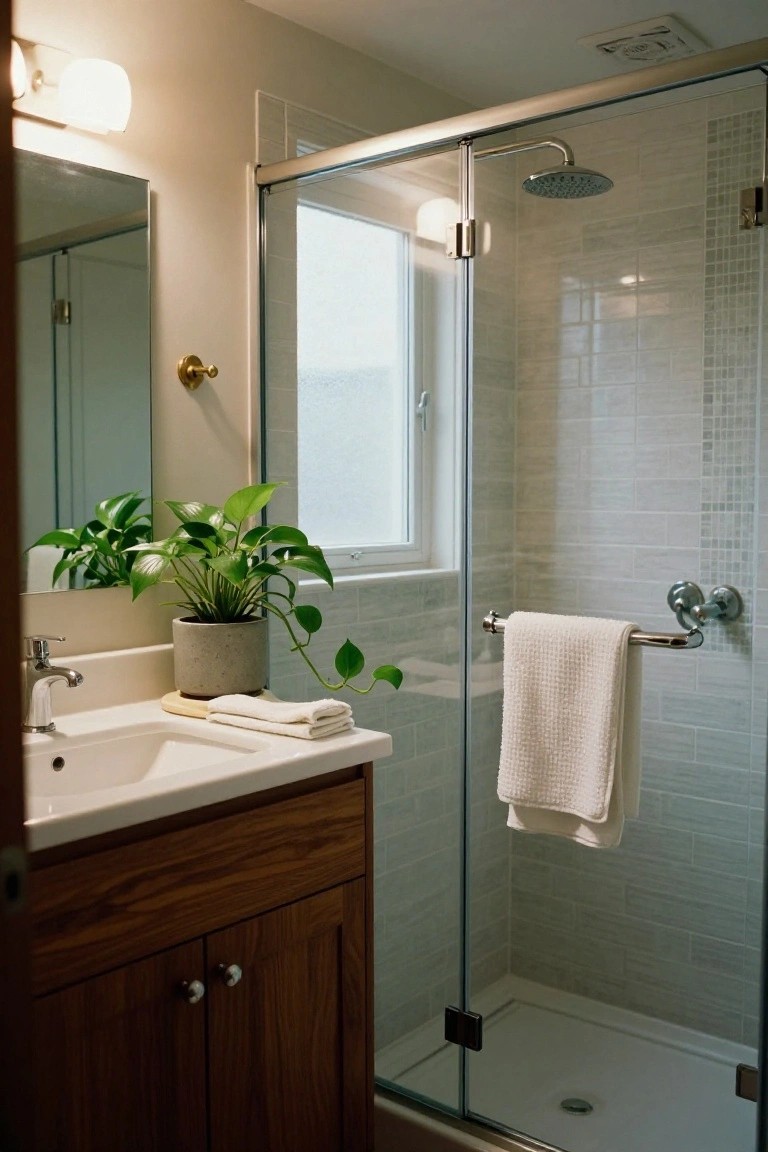 A bathroom interior with a wooden vanity sink topped by a potted green plant and folded white towels, adjacent to a glass shower enclosure with chrome fixtures and subway tile walls.