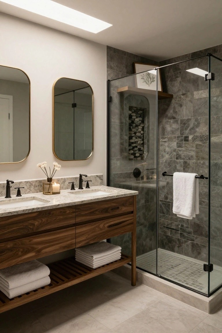 Modern bathroom with double wood vanity on marble countertop, two arched gold-framed mirrors, potted flowers and candle, and glass shower enclosure with gray slate tile walls.