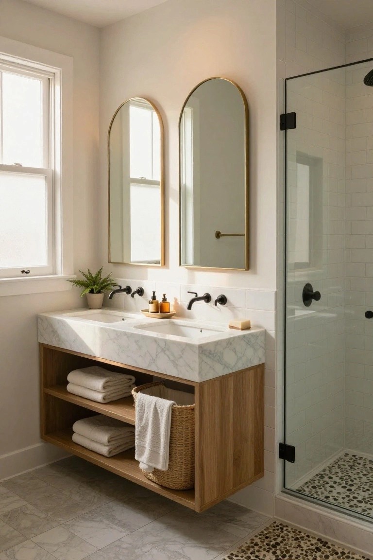 A bright bathroom with a floating wooden vanity topped by white marble double sinks, open shelves holding white towels and a basket, two arched gold mirrors above, potted plants, black fixtures, and a glass shower enclosure with pebble floor.