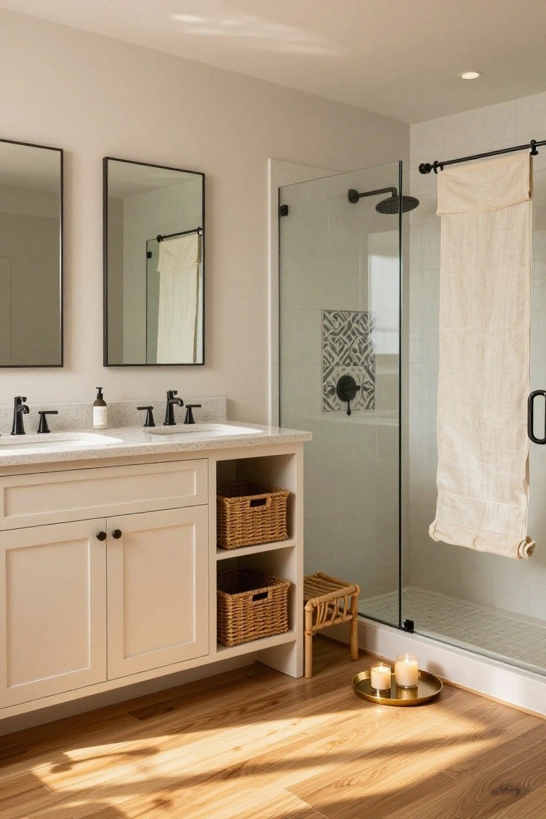 A transitional bathroom with white shaker-style double vanity, black fixtures, quartz countertop, glass shower enclosure with patterned tile accent, wicker baskets on open shelves, linen towel on rod, wood plank flooring, and gold candles on the floor.