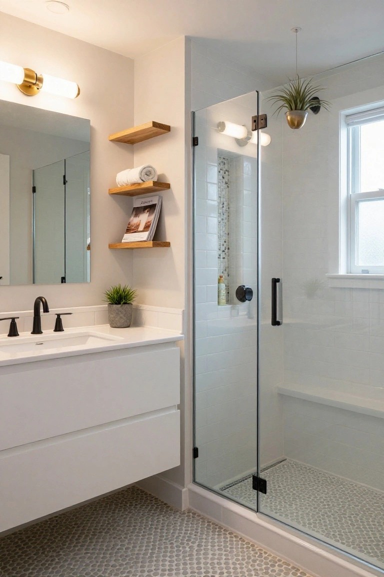 A bathroom with white floating vanity, matte black faucet and shower hardware, glass shower enclosure, floating wood shelves holding towels magazine and plant, and gray pebble tile floor.