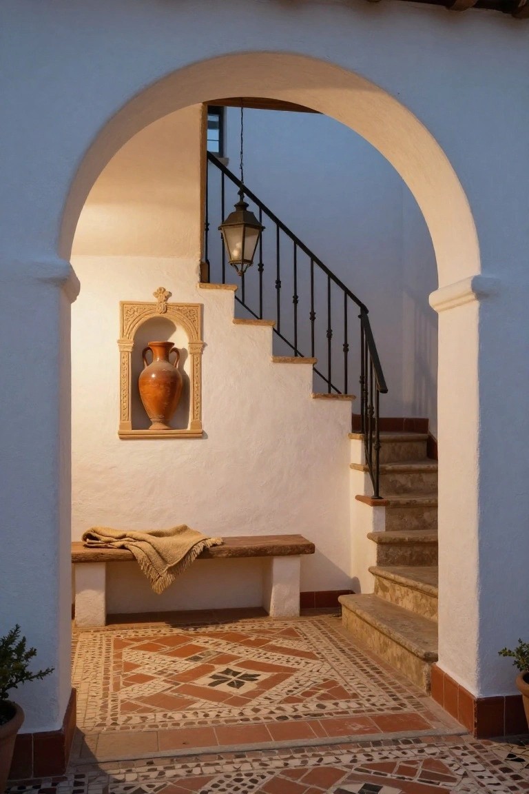 White stucco arched interior with black wrought-iron staircase, carved niche holding orange amphora vase, wooden bench with blanket on terracotta tiled floor.