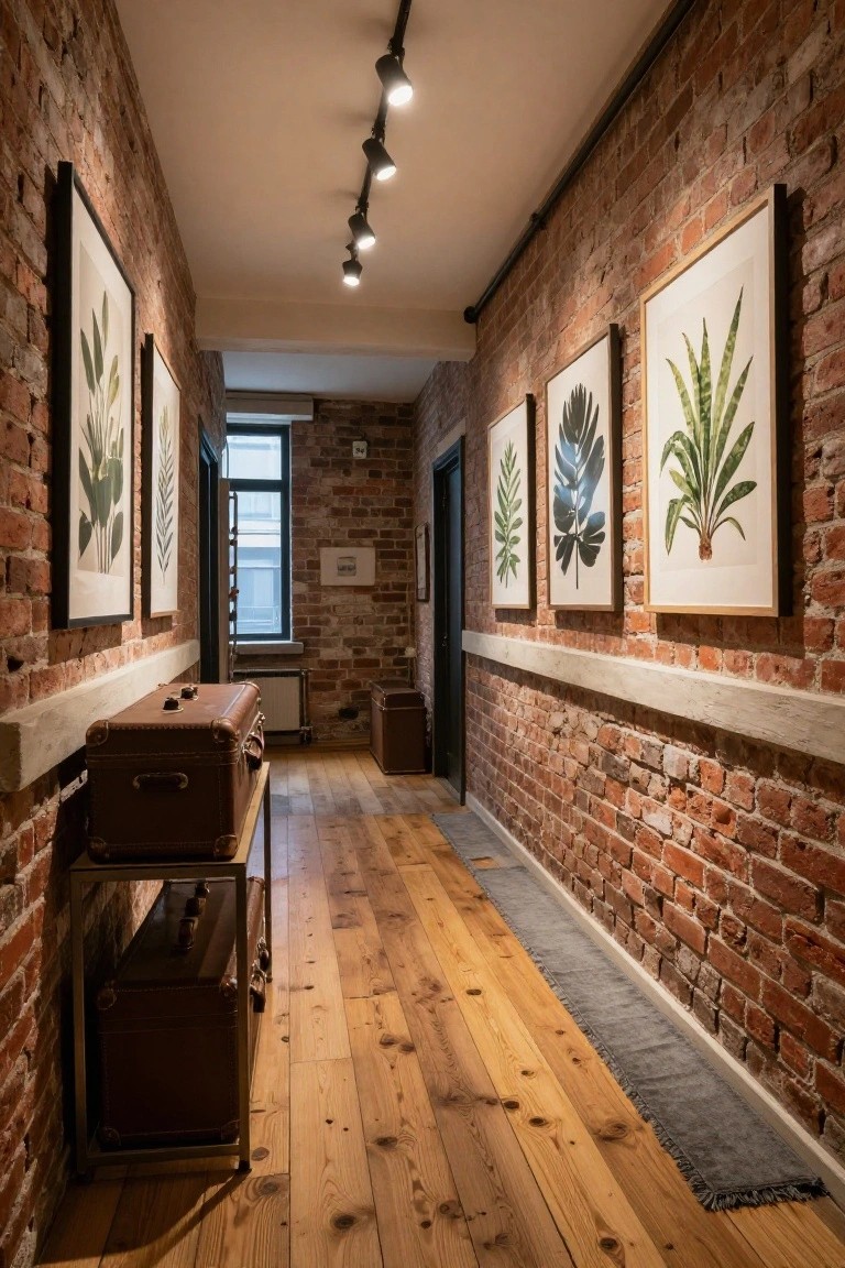 Narrow interior hallway with exposed red brick walls on both sides, light oak wood plank floors, black track spotlights on the ceiling, framed botanical leaf prints, a metal stand holding two leather suitcases, and a black door at the end.