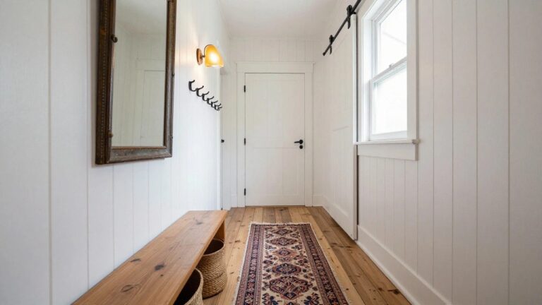 Narrow white shiplap-walled hallway featuring a sliding wood barn door, wooden bench with two wicker baskets underneath, row of black coat hooks on a wood board, antique oval mirror, pendant light, and small rug on wood plank floor.