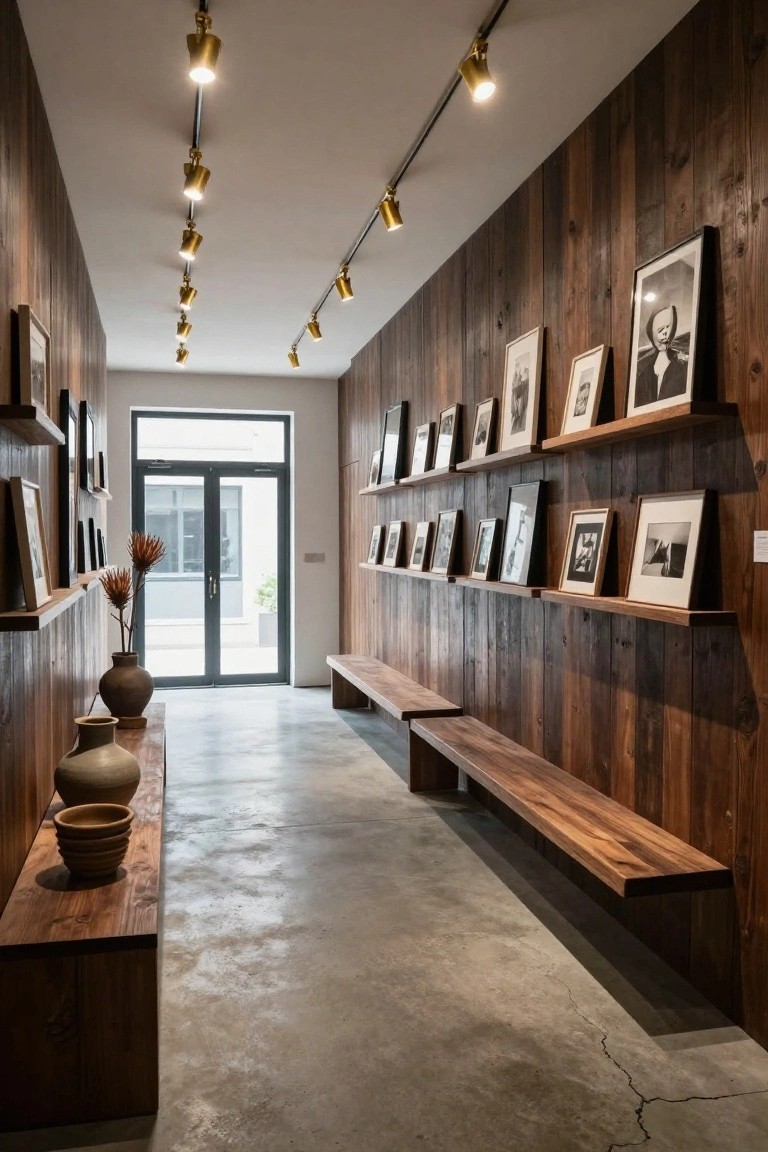 Narrow interior hallway with dark vertical wood plank walls, floating wooden shelves displaying black-and-white framed photographs and pottery, wooden benches, tall vases with dried branches, polished concrete floor, and overhead track lighting leading to glass entry doors.