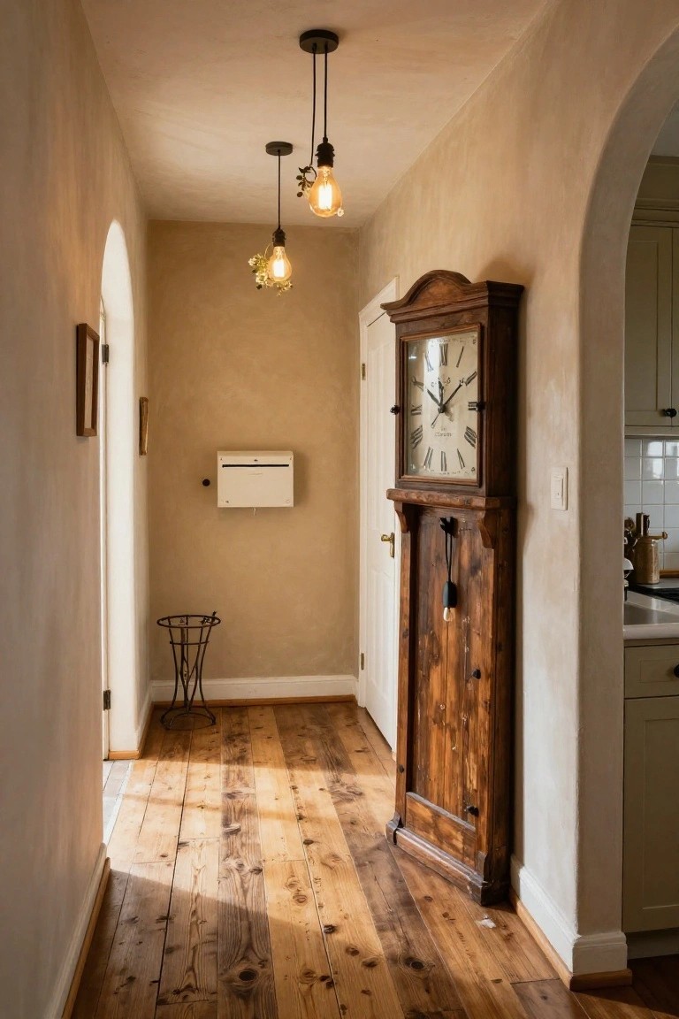 Narrow rustic hallway with beige textured walls, light wooden plank floors, tall wooden grandfather clock on one side, hanging pendant lights with plants, arched doorways, and a small metal stand.