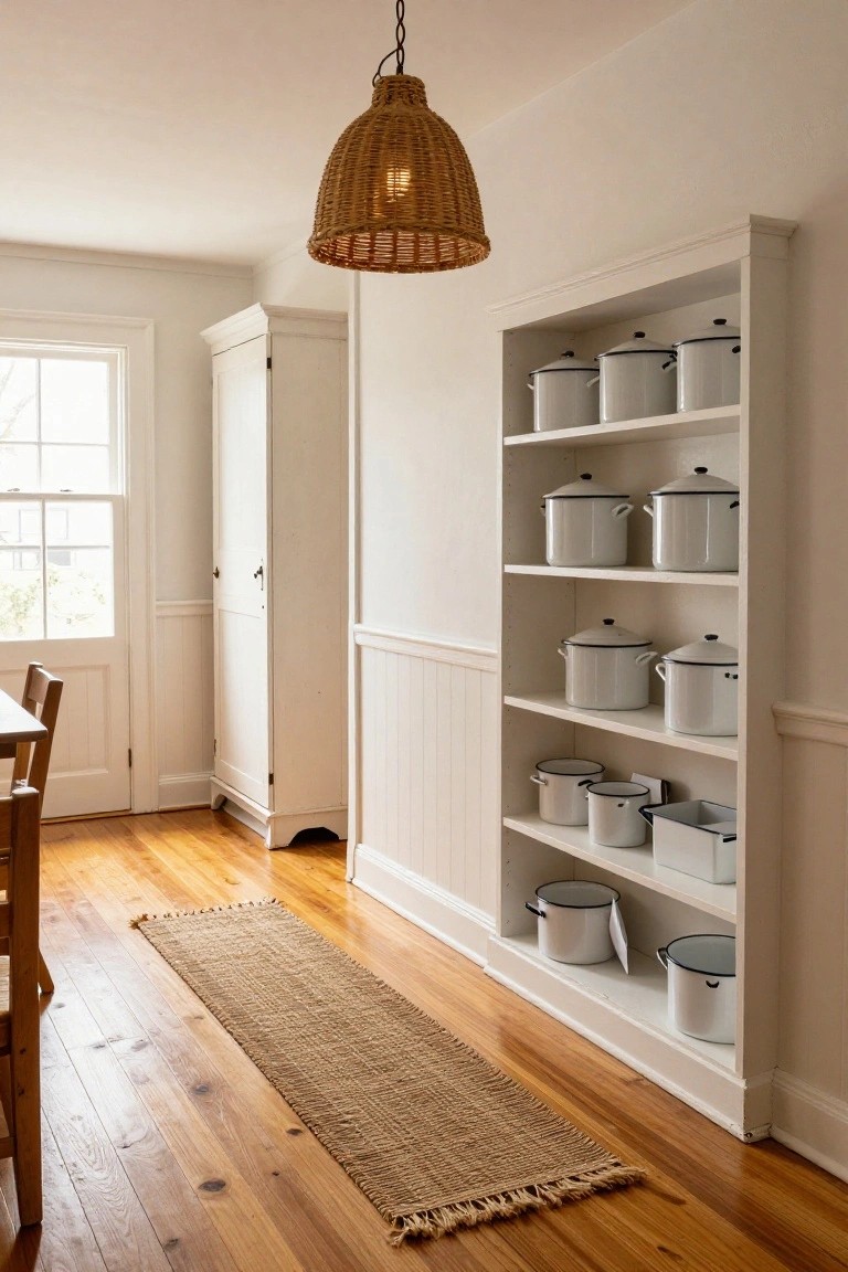 Tall white open bookshelf filled with various white enamel pots of different sizes against a white wainscoted wall in a hallway with hardwood floors, seagrass runner rug, wooden table, wardrobe cabinet, and woven pendant light.