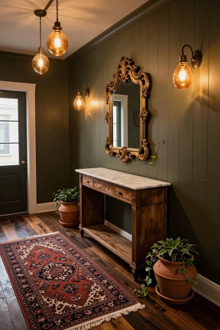 Narrow indoor hallway featuring dark green vertical board-and-batten walls, hardwood floors, a wooden console table with white marble top and drawer fronts, flanked by two potted plants, ornate gold-framed mirror above the table, Persian-style rug, and multiple exposed-bulb light fixtures.