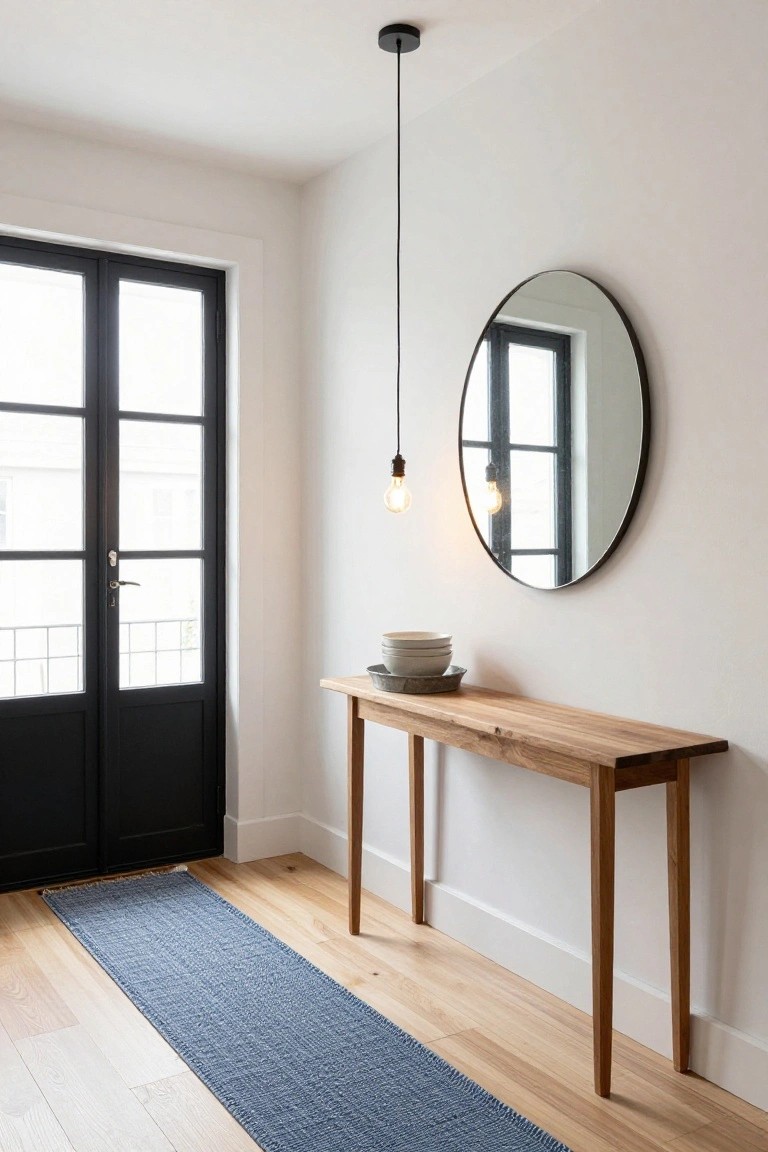 Bright hallway with white walls, black framed double doors, slim wooden console table holding stacked white plates and a metal bucket, large round black mirror above the table, blue woven runner rug on light wood floors, and black pendant light with bulb.