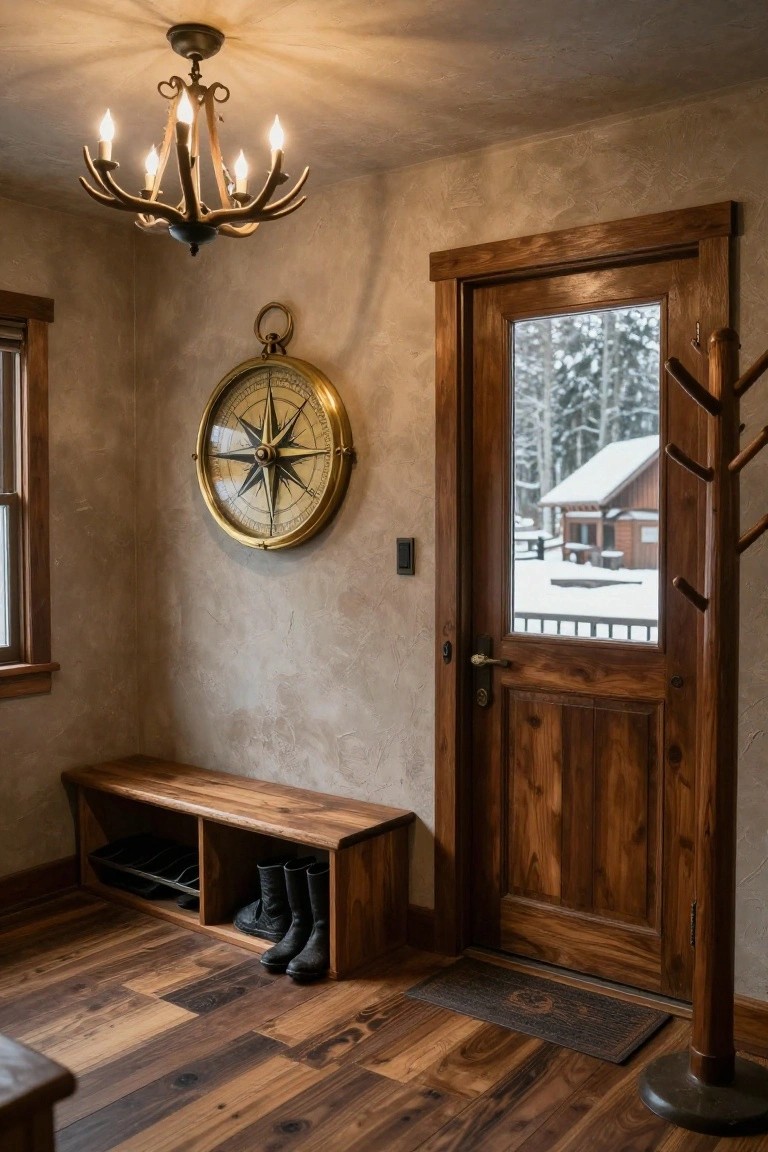 Rustic interior hallway featuring a wooden bench with open cubbies storing black boots, beside a wooden door with window showing snowy woods and cabin outside.