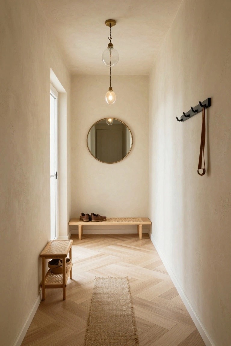 Narrow interior hallway with beige plaster walls, herringbone oak parquet floor, round gold mirror, pendant light, wood bench with brown leather shoes underneath, rattan shoe shelf, black coat rack with leather strap, and beige runner rug.