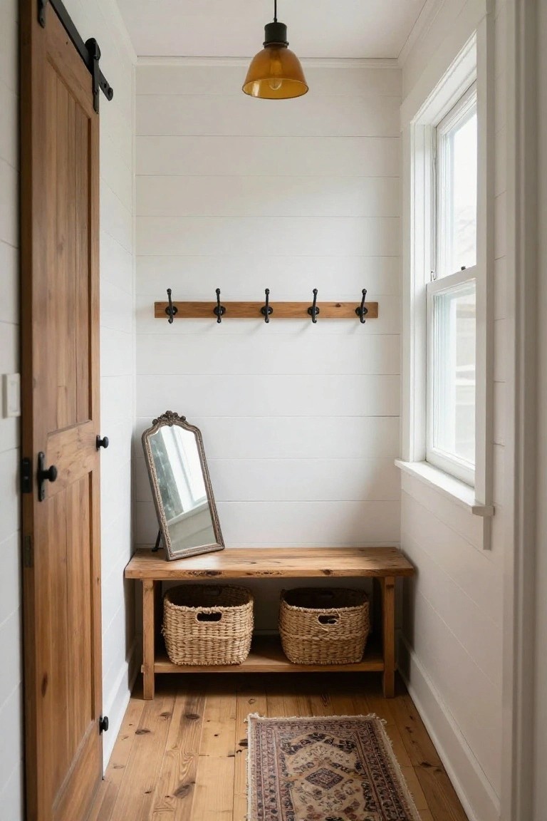 Narrow white shiplap-walled hallway featuring a sliding wood barn door, wooden bench with two wicker baskets underneath, row of black coat hooks on a wood board, antique oval mirror, pendant light, and small rug on wood plank floor.