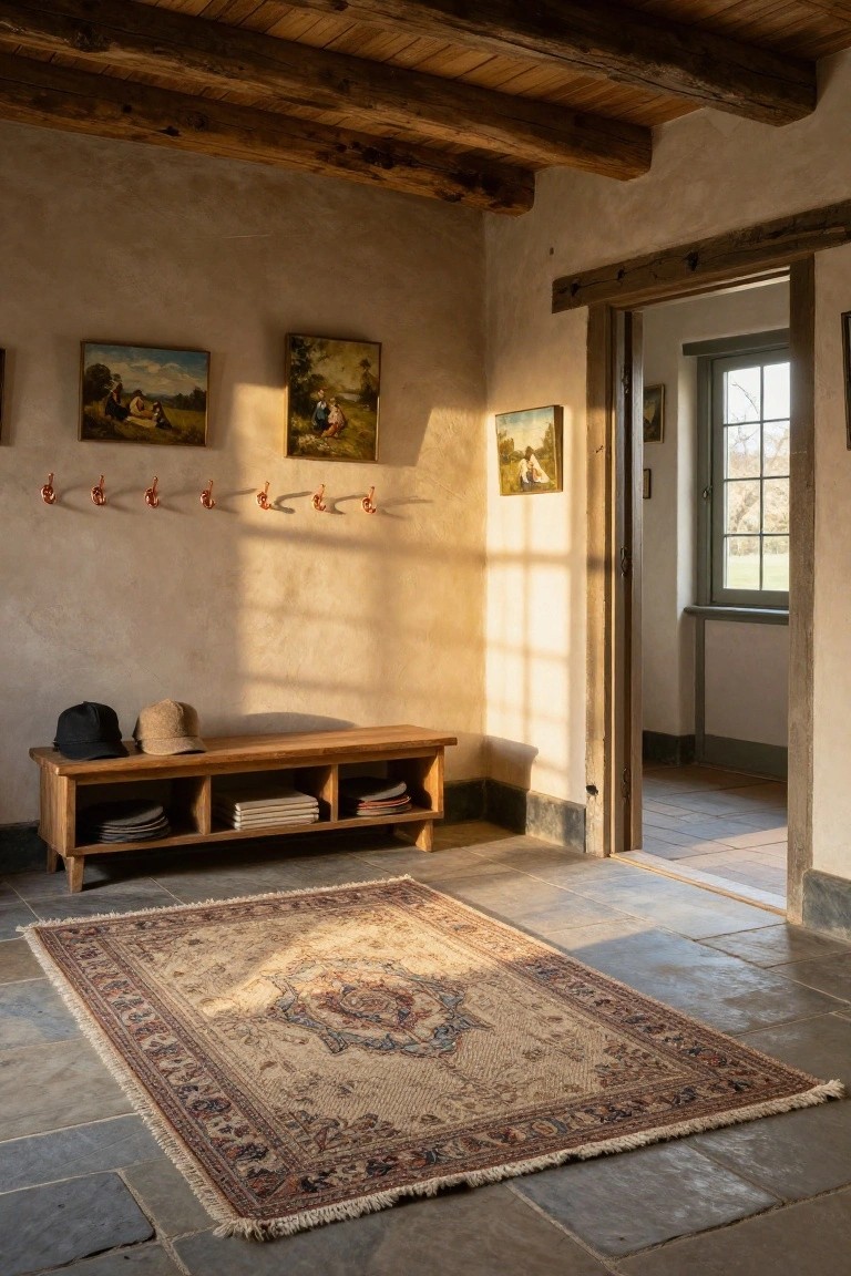 Rustic interior hallway with exposed wooden ceiling beams, small landscape paintings on walls, row of wall hooks, wooden bench holding hats with open storage cubbies below containing stacked notebooks and folded items, open doorway to another room, and a large patterned rug on slate tile floor.