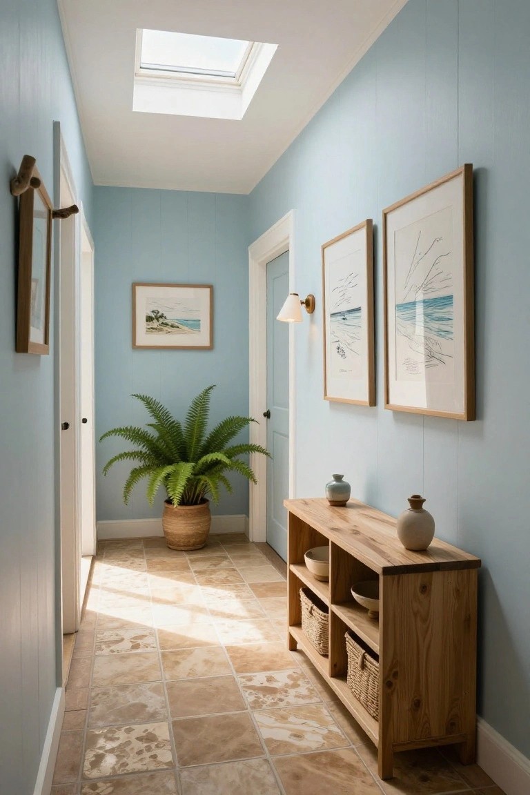 A narrow indoor hallway with light blue plank walls, a skylight overhead, wooden doors, a potted fern plant, beach art in oak frames, a wooden console table with shelves holding woven baskets and ceramic vases, and beige tiled flooring.
