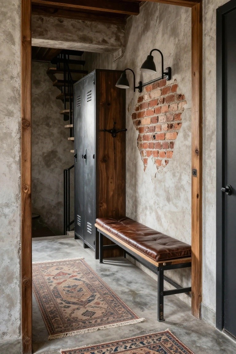 Interior view of a rustic hallway with black metal lockers, wooden coat hooks, a leather bench on metal frame, exposed brick accent wall, spiral staircase, wall lamps, and patterned rugs on polished concrete floor.