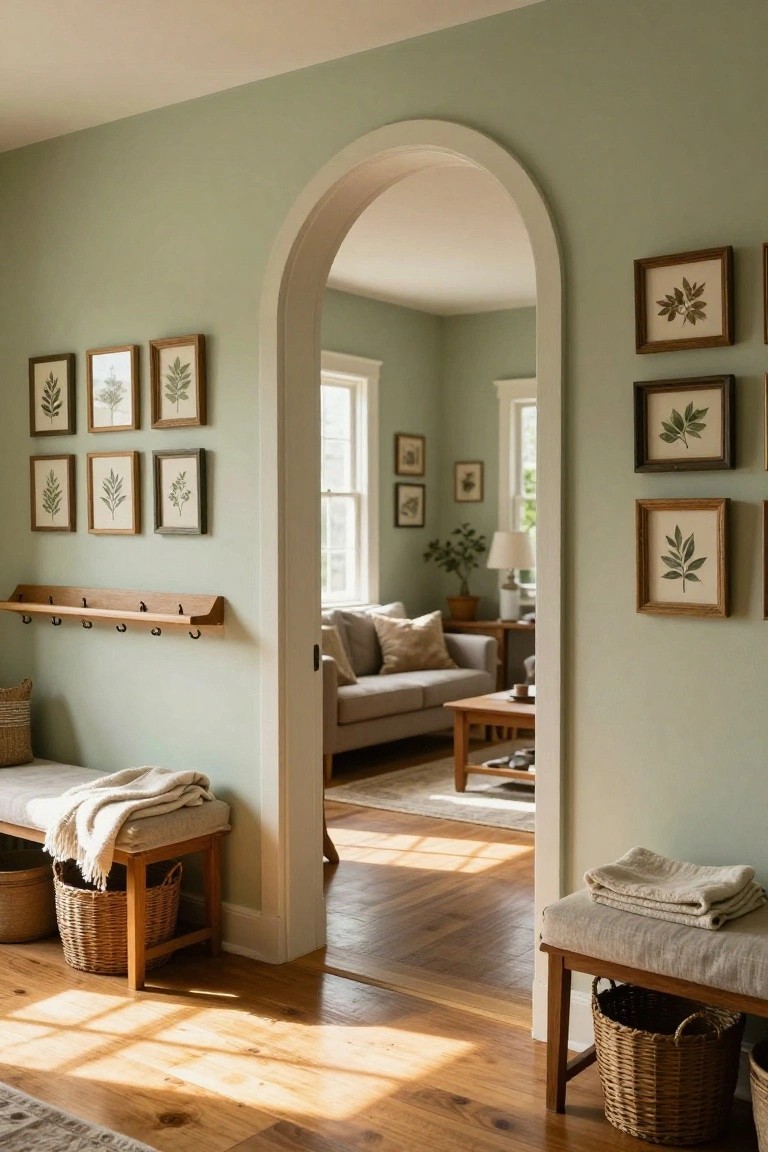 Sage green hallway featuring a wooden shelf with coat hooks above cushioned benches holding wicker baskets and throws, a gallery wall of framed leaf prints, and an arched white doorway opening to a living room with a sofa.