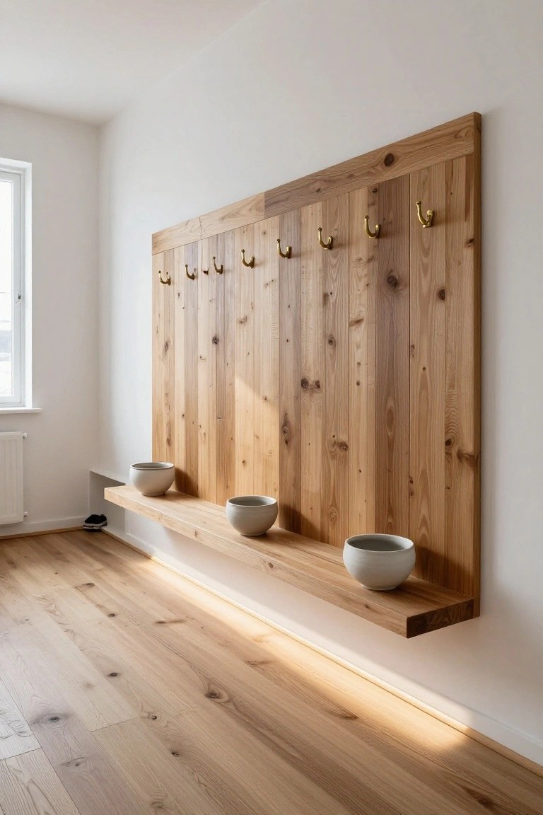 A vertical wooden slat wall panel in a white hallway with six brass coat hooks mounted on it and a lower protruding wooden shelf holding three white ceramic bowls, wooden flooring, a pair of shoes nearby, and a window and radiator in the background.