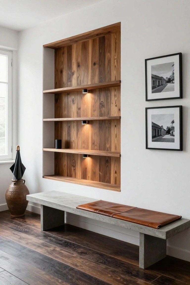 White hallway with recessed wooden shelving unit featuring multiple shelves, integrated spotlights, black cylindrical object on one shelf, concrete bench with brown leather cushions below, terracotta vase, black umbrella stand, and two black-framed black-and-white photos on adjacent wall.