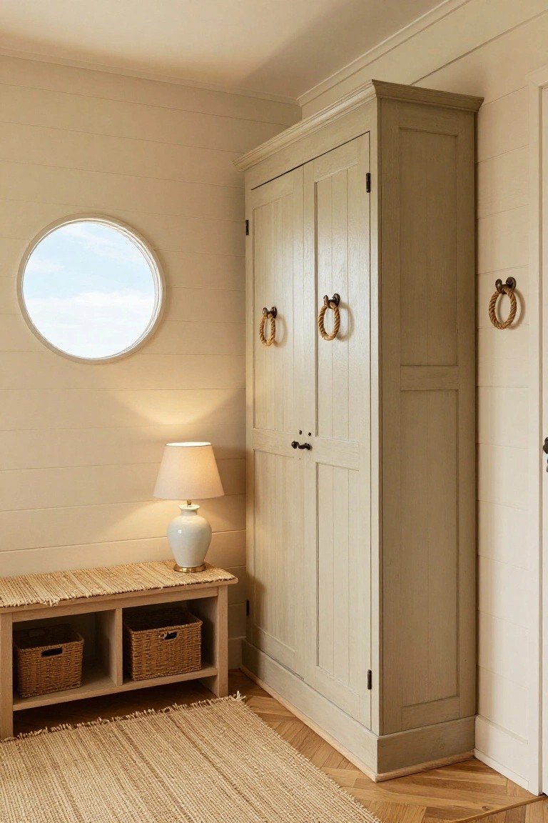 Tall cream-colored wooden wardrobe with rope handles in a beige shiplap-walled hallway next to a bench with seagrass baskets, a ceramic table lamp, and a round window.