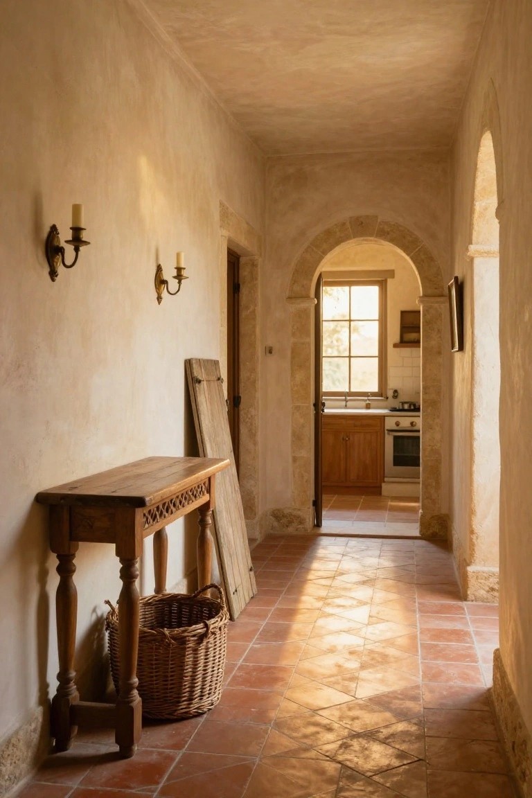 Narrow rustic hallway with beige plaster walls, brass wall sconces, wooden console table with woven basket on base, terracotta tile floor, and open arched doorway to kitchen with wooden cabinets.