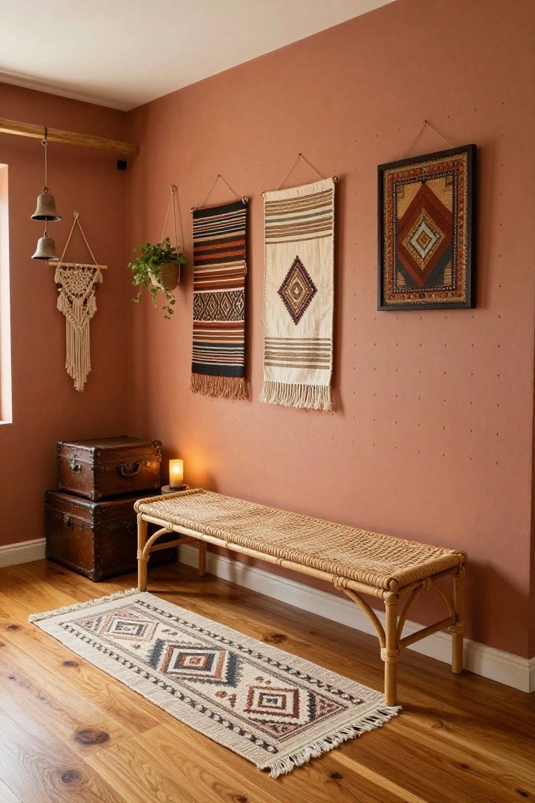 Corner of a terracotta-painted room with three woven tapestries hanging on the wall, macrame decoration with bells, hanging plant, stacked vintage trunks next to a lit candle, rattan bench, and geometric runner rug on wood flooring.