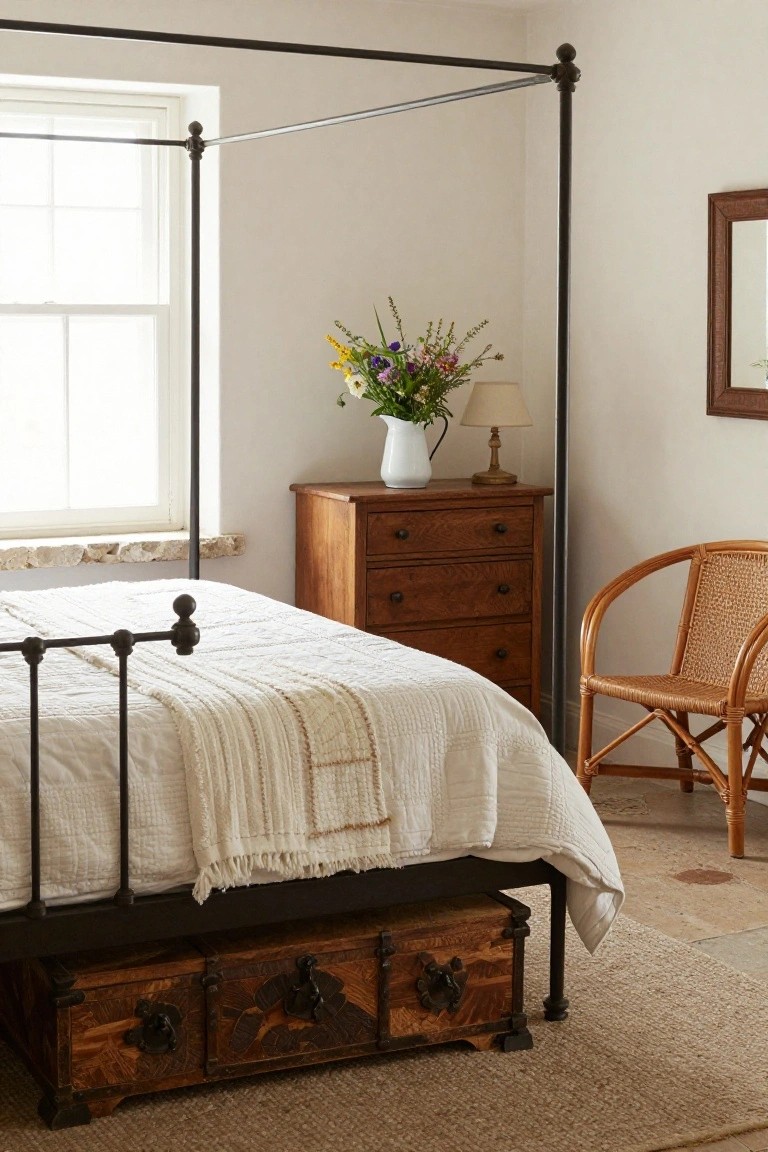 A bedroom interior with a black metal four-poster bed on a carved wooden chest base with drawers, next to a wooden dresser topped with a white milk jug of wildflowers, a rattan armchair, and a window with stone sill.