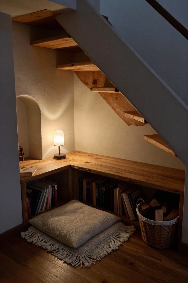 Wooden built-in corner desk and bookshelves under open wooden stairs in a white-walled interior, with a lit lamp, open book, stacked cushions, and woven basket of firewood on the floor