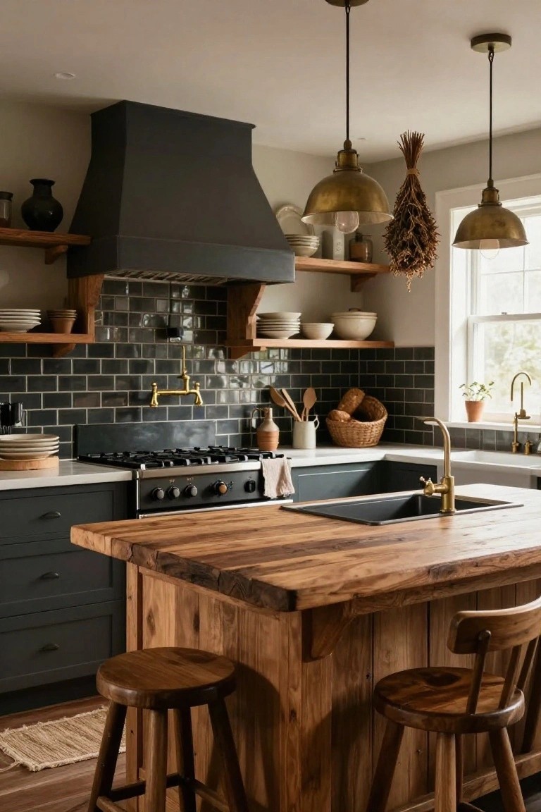 Kitchen interior with navy cabinets, black subway tile backsplash, brass faucets and hardware, open wood shelves displaying pottery and baskets, gas range, farmhouse sink, and large wooden island with two wooden stools.