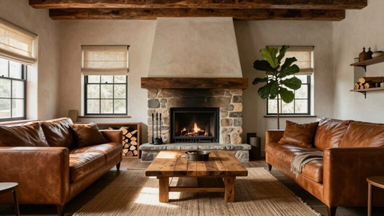 Rustic living room interior with a stone fireplace, burning logs on a grate, stacked firewood niche, wooden beamed ceiling, brown leather L-shaped sofa, wooden coffee table, seagrass rug, and fiddle leaf fig plant by a window.