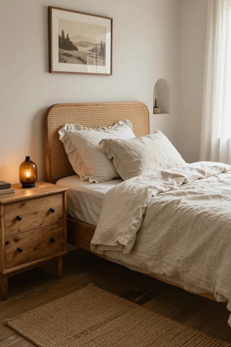A bedroom with a curved rattan headboard, beige linen pillows and duvet on a low wooden bed frame, wooden nightstand holding an amber glass lamp and books, arched wall niche, framed landscape print, sheer curtains, and seagrass rug on hardwood floors.