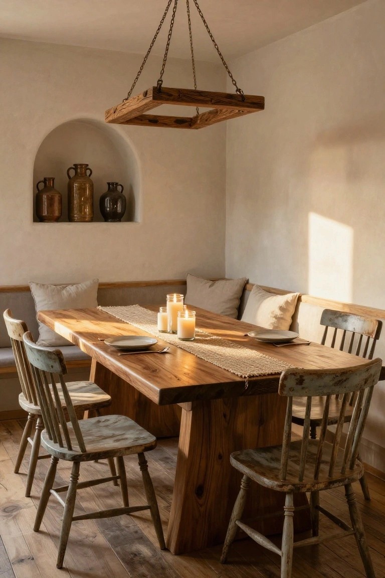 Rustic indoor dining nook with wooden trestle table, corner bench seating with beige cushions, mismatched spindle-back chairs, seagrass table runner with candles and plates, arched wall niche holding pottery jars, and wooden beam pendant light hanging above.
