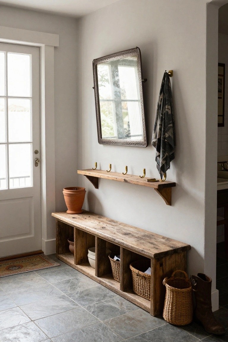 Rustic wooden bench with open cubbies containing woven baskets and boots sits against a light gray wall in an entryway, next to a white door with sidelights, under a wooden shelf with brass hooks and a potted plant, with a large arched mirror nearby.