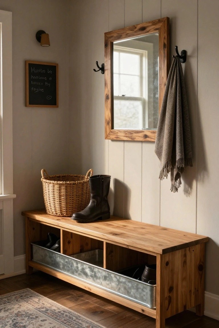 Rustic wooden entryway bench with open metal bins underneath holding shoes, tall black boots on the seat, wicker basket beside it, wood-framed mirror on shiplap wall, hooks with hanging towel, wall sconce, and small chalkboard frame.