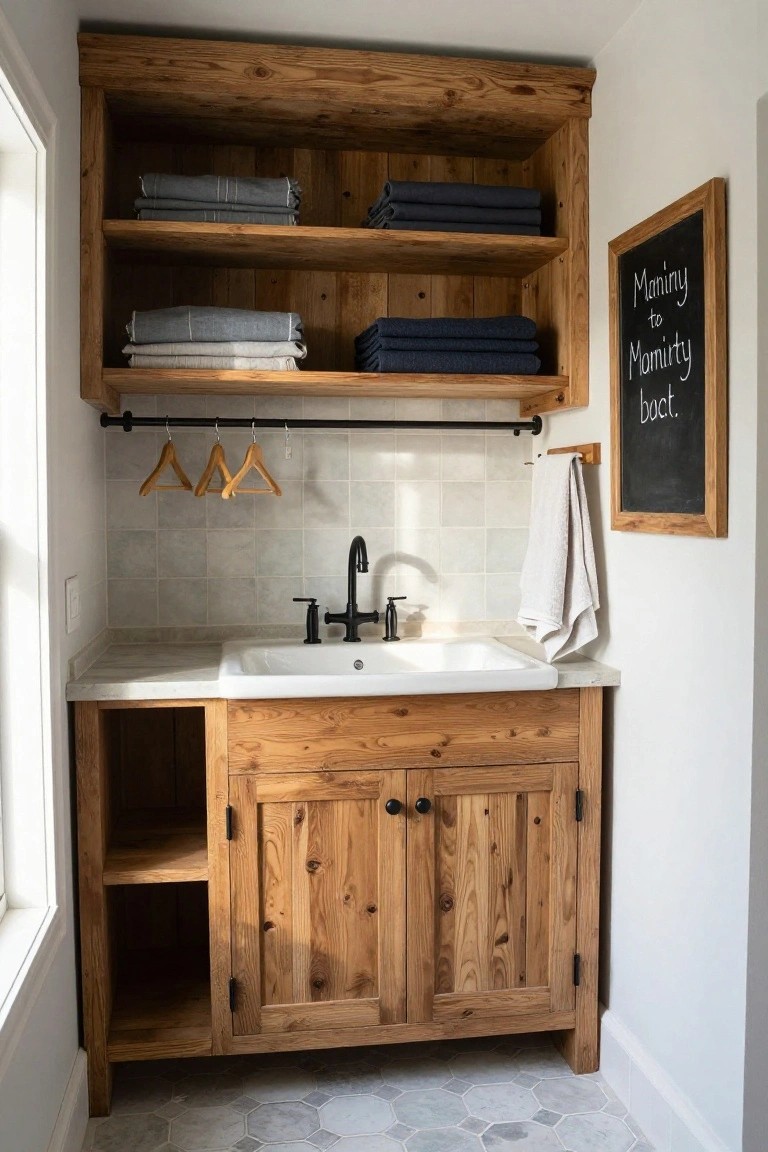 Wooden cabinet enclosing a white utility sink in a laundry room, with open shelves holding folded towels, a hanging rod with wooden hangers, black faucet, white subway tile backsplash, gray hexagonal floor tiles, and a framed chalkboard sign reading 